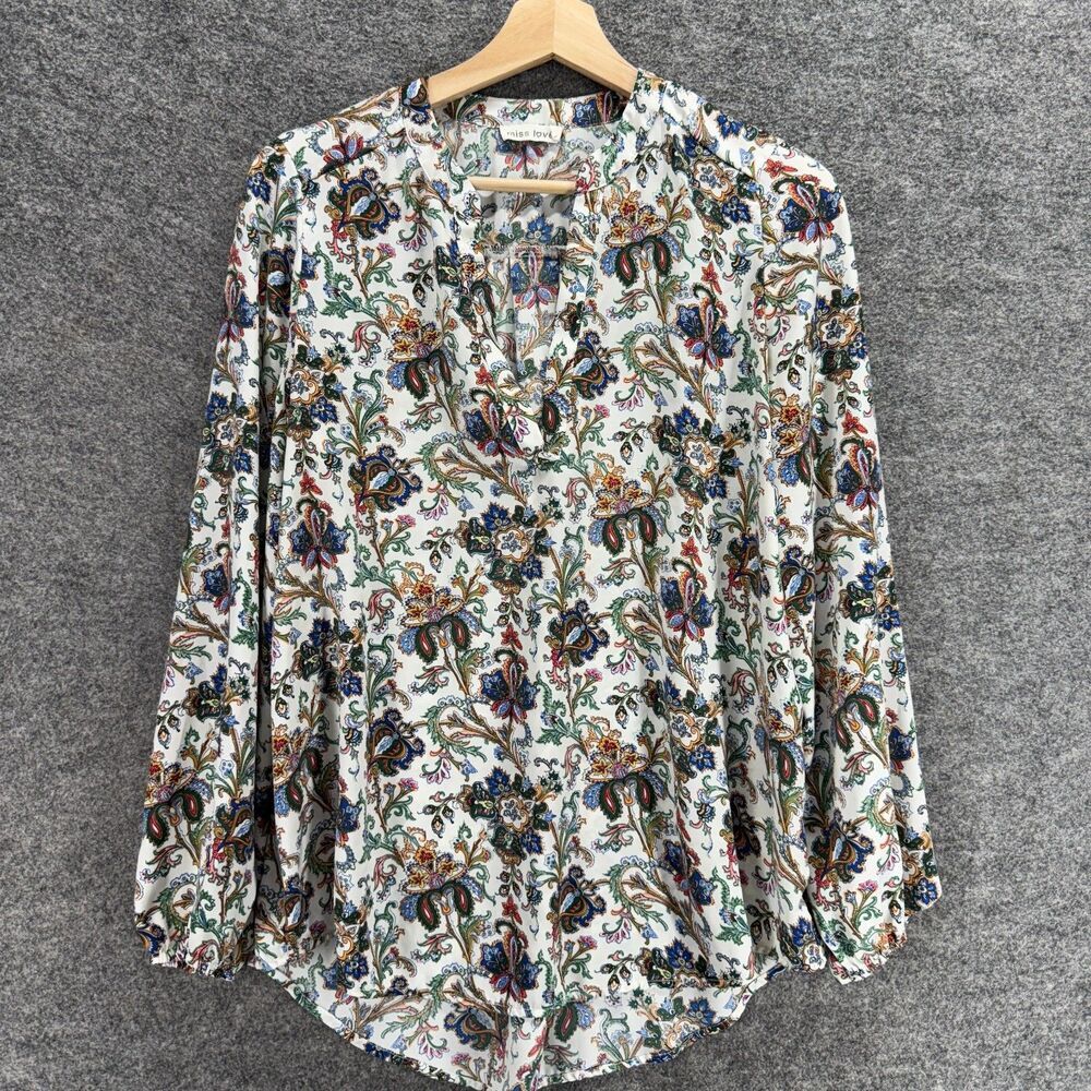 Miss Love Blouse Women S Small White Floral V-Neck Long Sleeve Pullover Casual